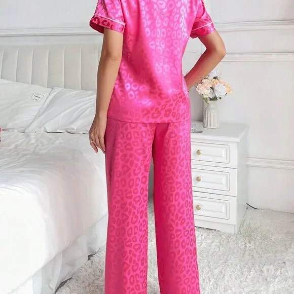 Hot Pink Casual Women's Satin Jacquard Lapel Collar Button Down Pajama Set